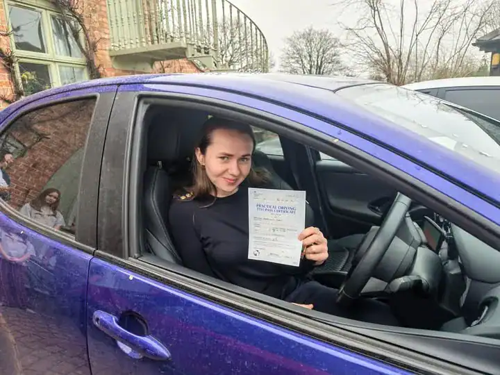 Freya after passing the automatic driving test in Worcester